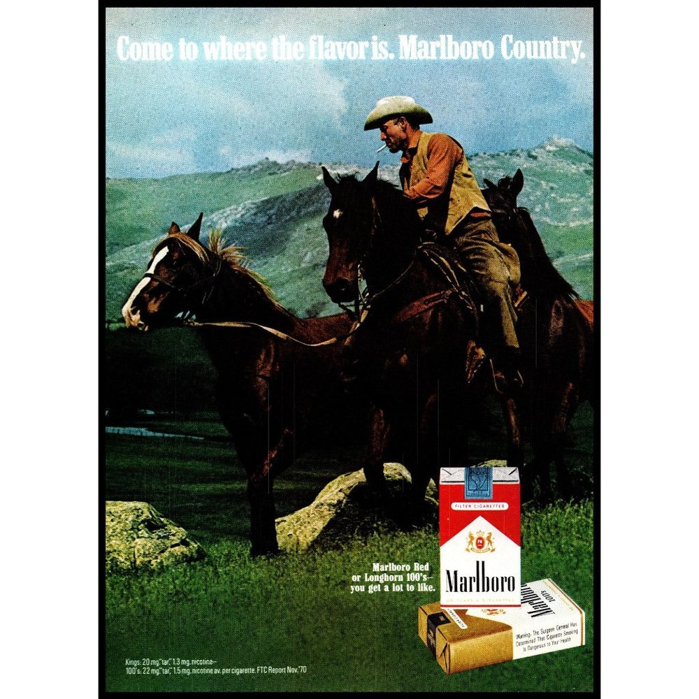 1971 Marlboro Cigarettes Vintage Print Ad Horses Mountains Cowboy Hat Man Photo